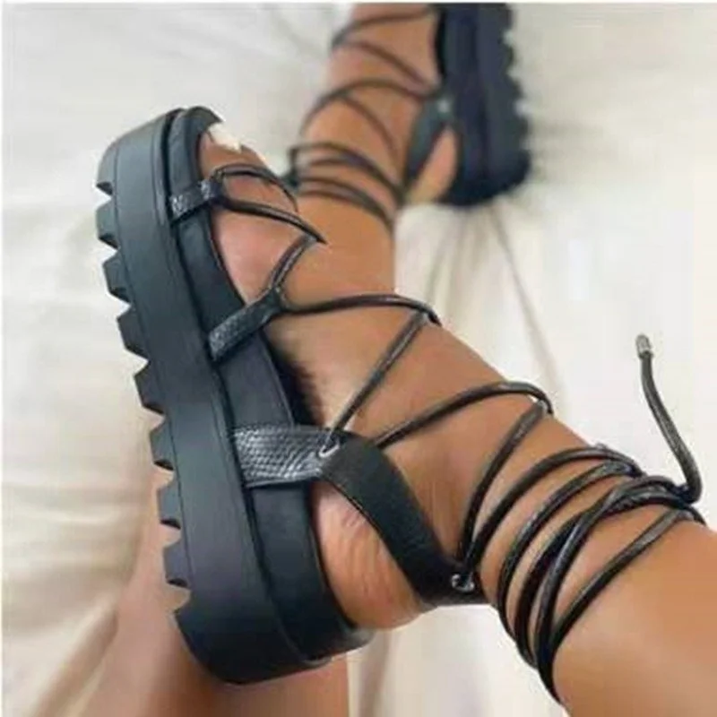 Woman Gladiator Platform Sandal Ladies Ankle Wrap Wedge Female Fashion Lace Up Shoe Women Non Slip Women\'s Footwear Plus Size 43