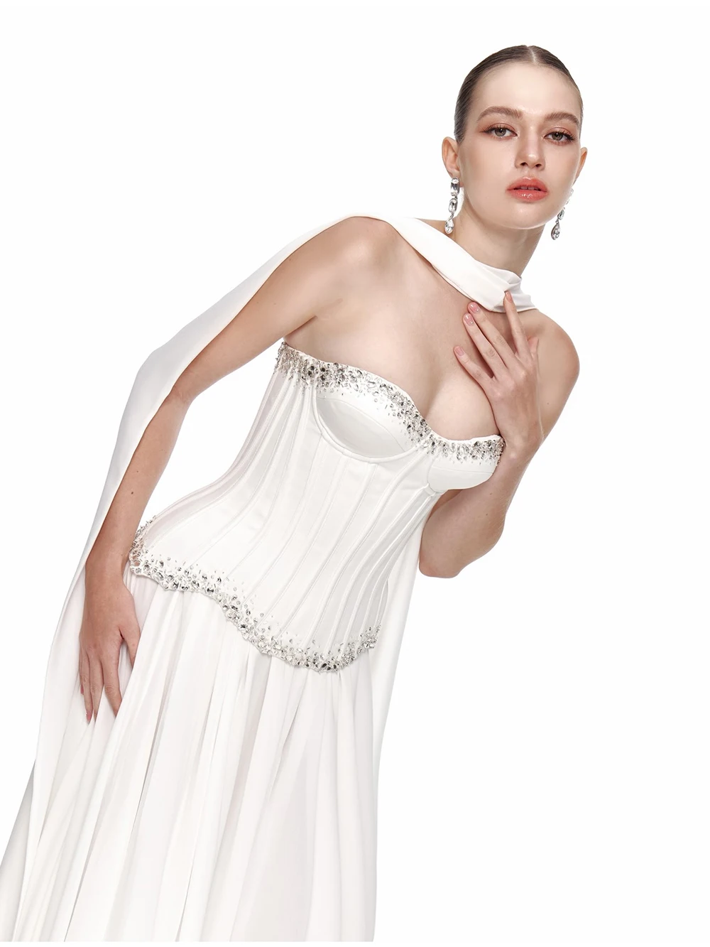 Modphy White Wedding Banquet Dress With Ribbon Women'S Diamond Strapless Top+Elastic Long Skirt Set Elegant Two-Piece Outfit