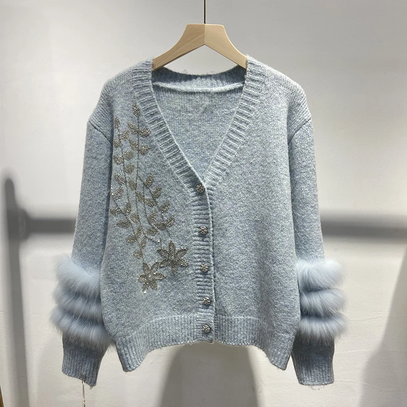 2025 outono feminino real pele de raposa camisola de pele real primavera especial grânulo decoração design jaqueta de malha wear