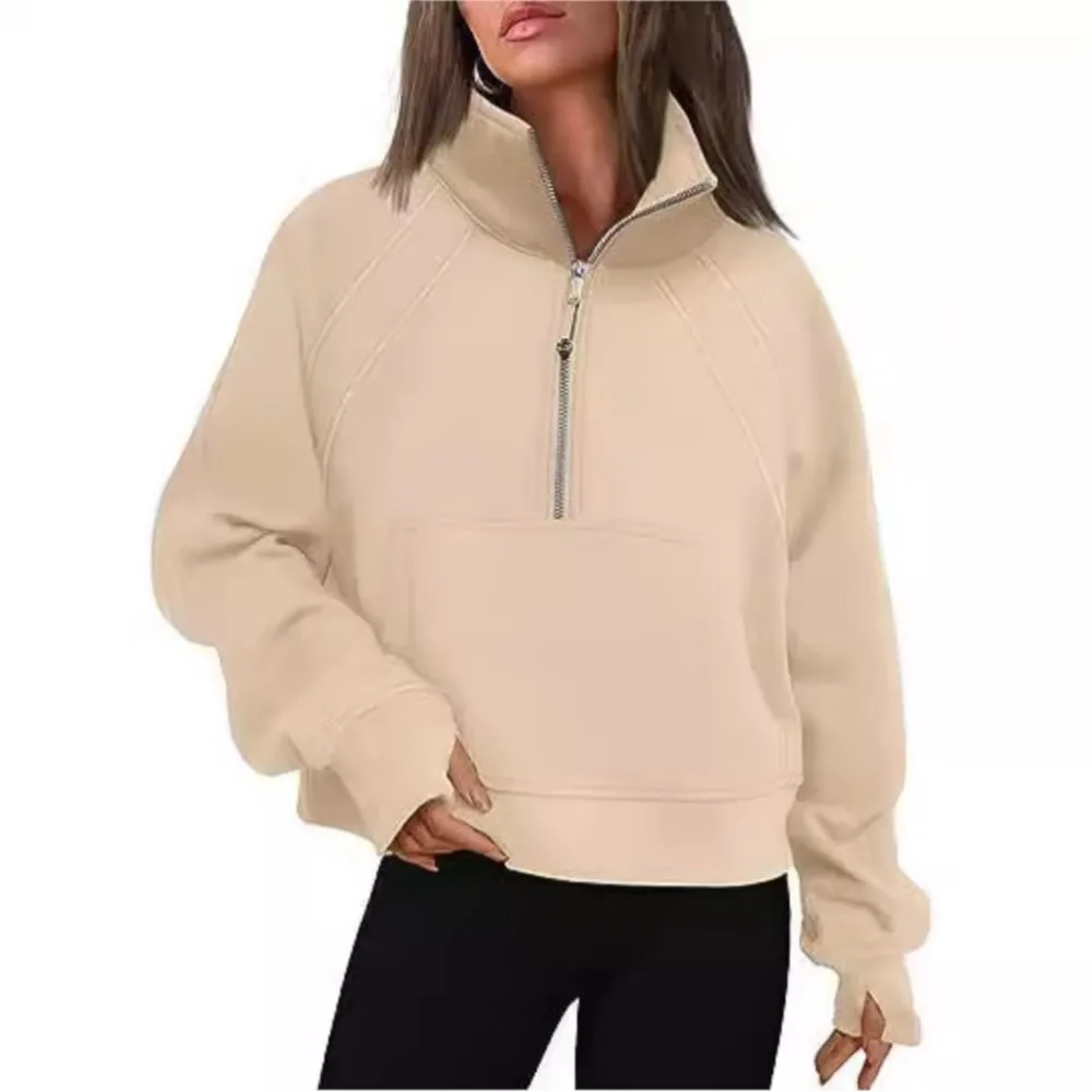 Stand Collar Casual Sweatshirts Half Zip Women Cropped Pullover Thumb Hole Overzised Hoodie Solid Color Plus Size Sports Outfit