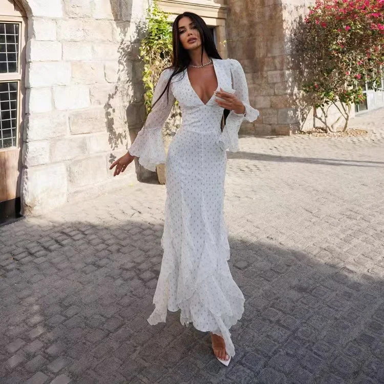 Ele Chiffon-Kleid mit hoher Taille, Glockenärmeln und Spitzenbesatz, Blumendruck, langes A-Linien-Kleid für Date und den täglichen Gebrauch