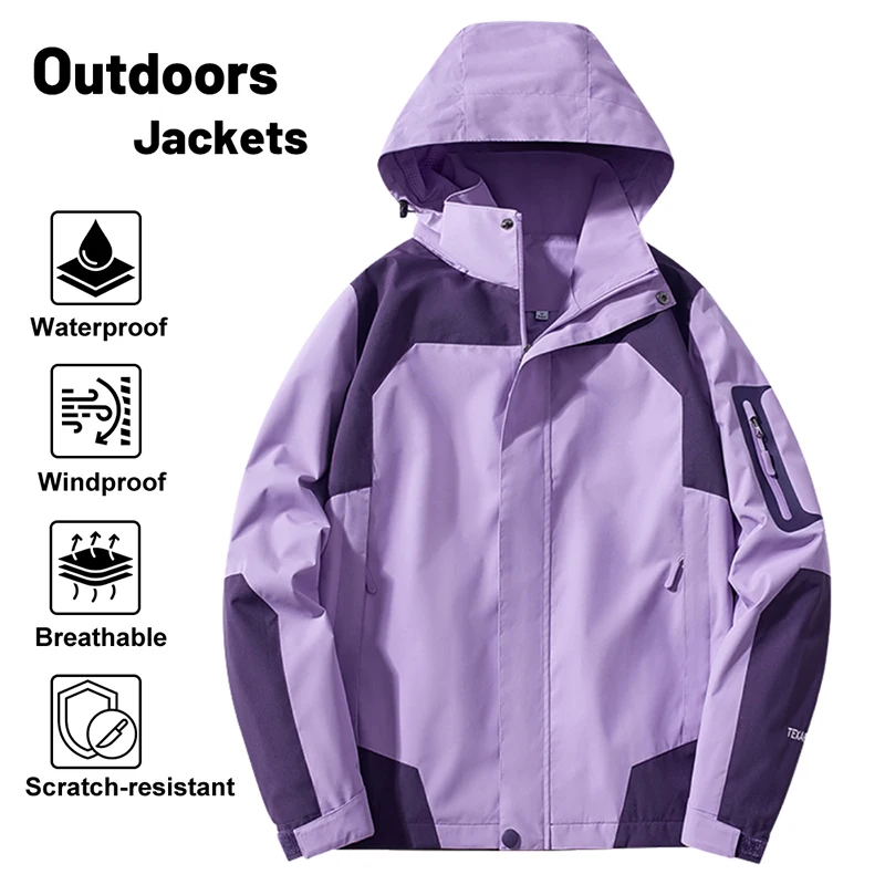 Waterproof Hiking Jacket with Detachable Hood Lightweight  Windproof Coat for Men and Women Camping Climbing Raincoat Unisex