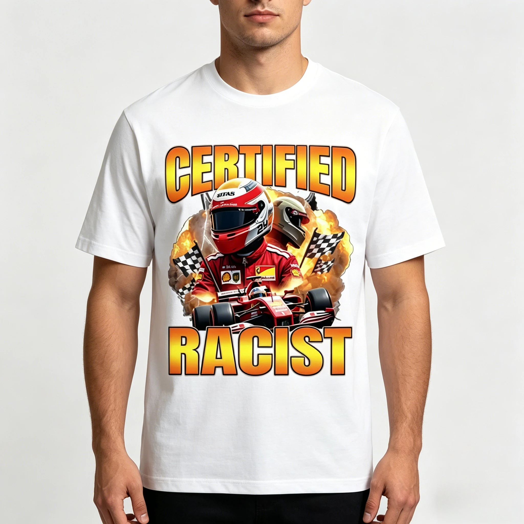 Camiseta de carreras con meme racista certificado para hombre, 100% algodón, gráfico de coche de Fórmula, estilo bootleg, informal, manga corta, negra 2026