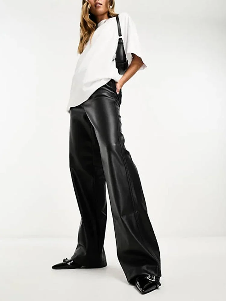 

Women Black Matte Faux Leather High Waist Straight Pants With Pocket Ladies Vintage Stretch PU Floor Length Trousers New Custom