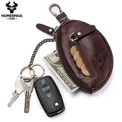 HUMERPAUL Small Key Wallet Men 100% Genuine Leather Car Key Holder Top Quality Zipper Housekeeper Keys Organizer with Coin Purse