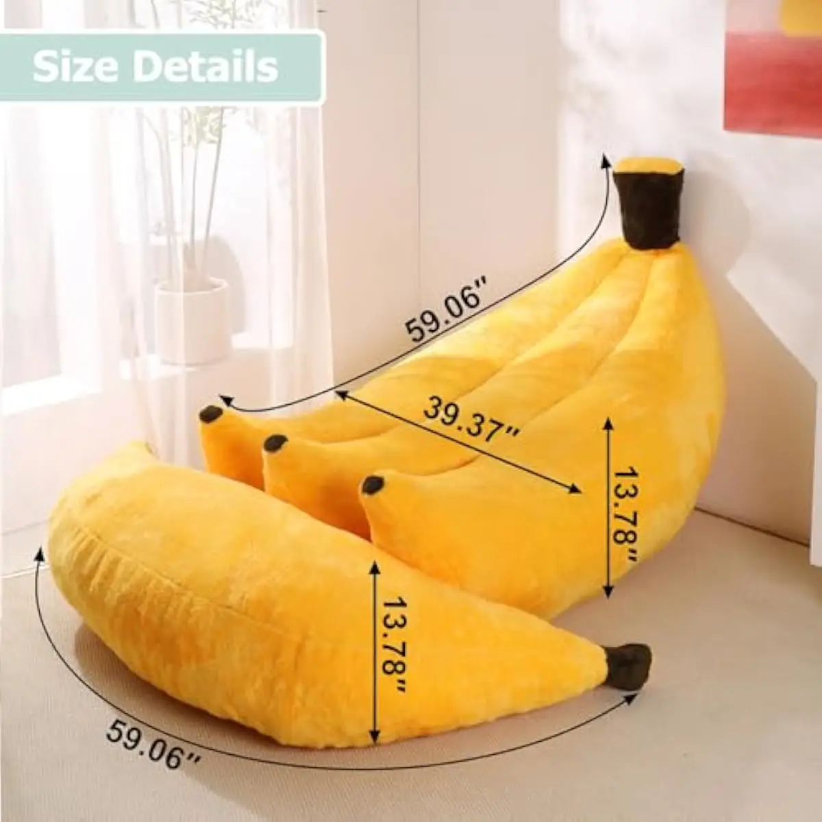 Banana-shaped floor lounger with detachable ottoman, ultra-soft malleable fill, Art Deco inspired solid-tone design, transforms