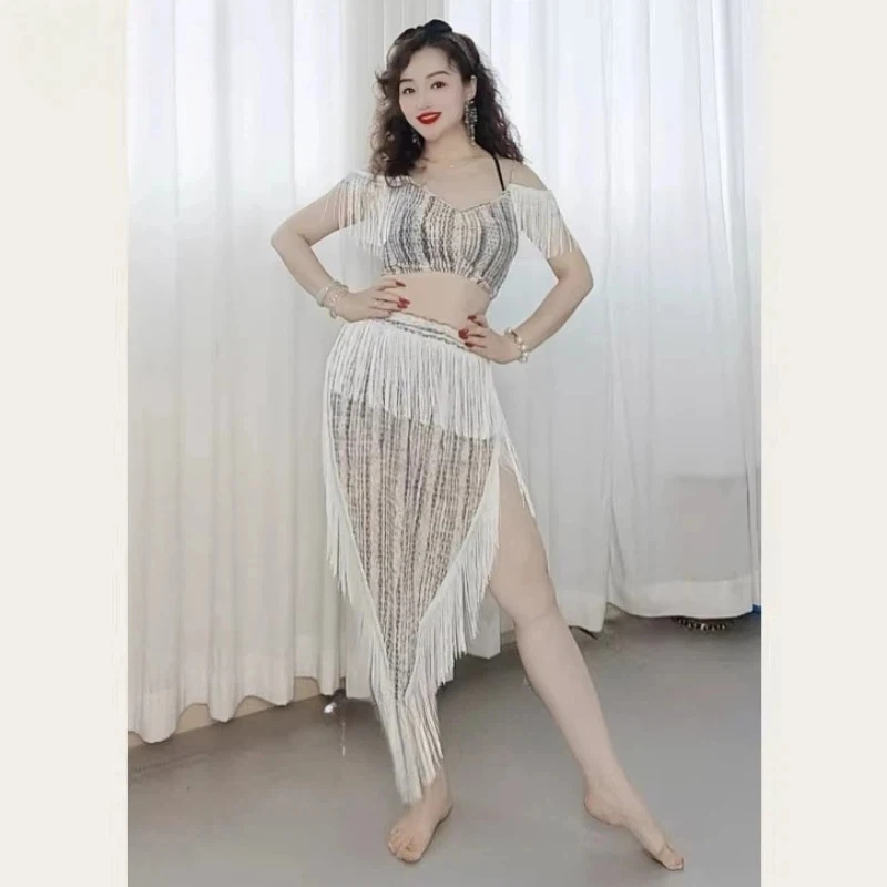 

Belly Dance Costume Oriental Dance Practice Clothes Women's Sexy White Inspired Fringed Triangular Skirt Drum Solo Pop Song