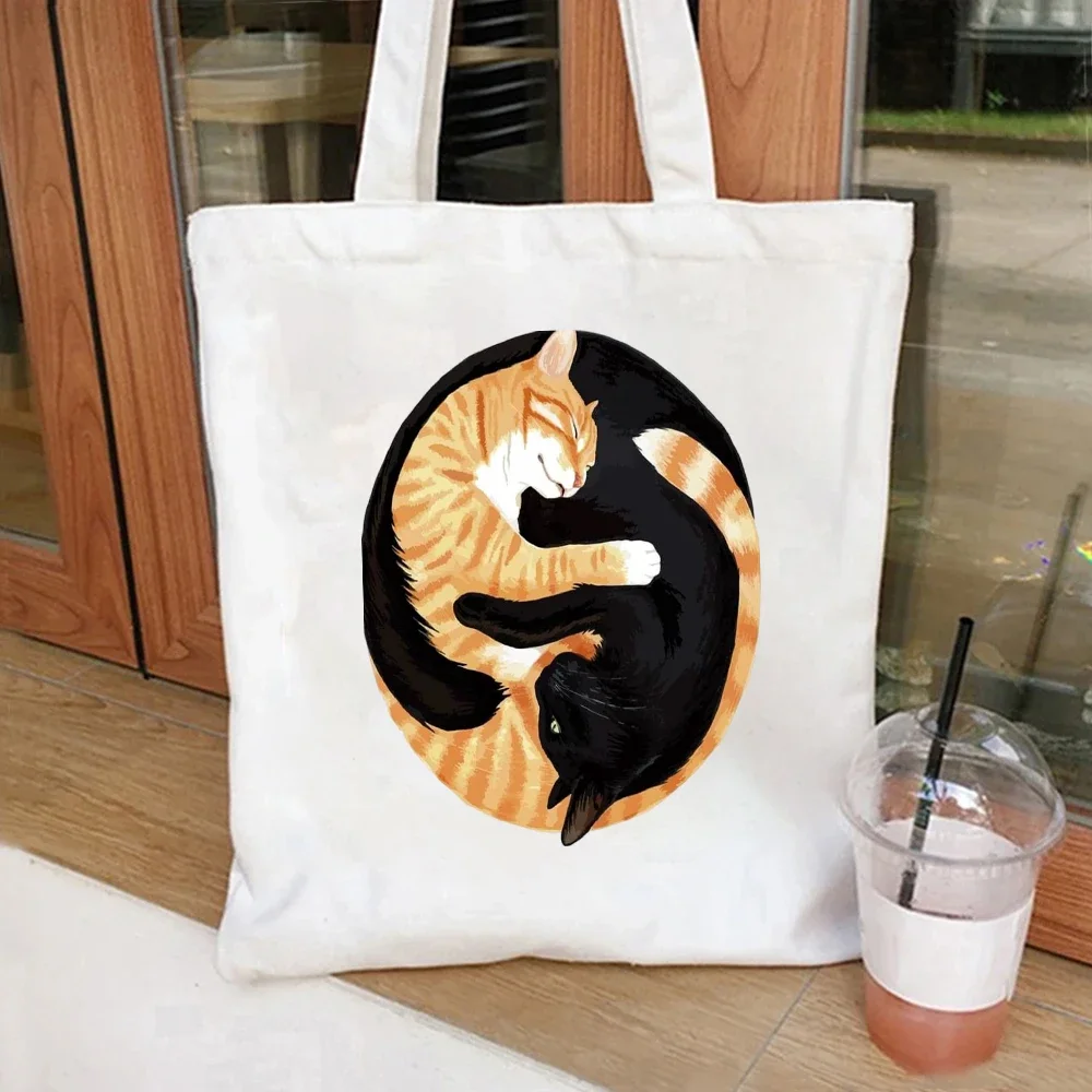 Yin Yang Cat Canvas Tote Bag Black & Orange Cat Print Handbag For Cat Lover Daily Casual Shopping Bag