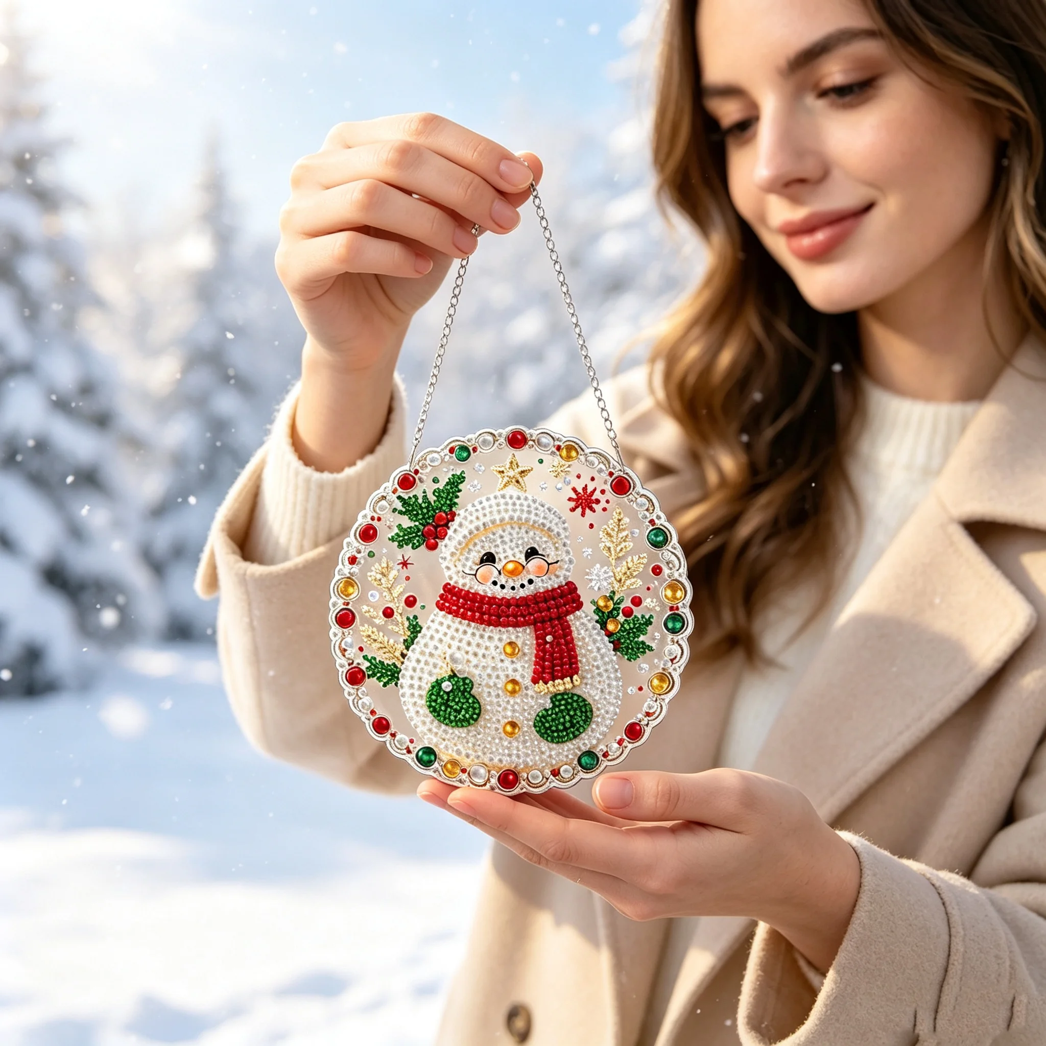 DIY Weihnachts-Perlen-Diamant-Malerei-Anhänger, runde Acrylplatte, 2D flache Perlen-Bastelarbeiten, Feiertags-Fenster- und Wanddekoration – Detail 8