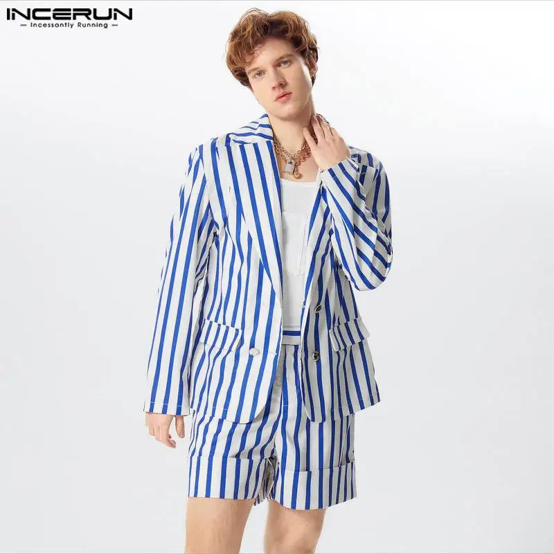 INCERUN 2024 American Style Sets Handsome Men\'s Stylish Striped Long Sleeved Suit Shorts Streetwear Hot Sale Suit 2 Pieces S-5XL