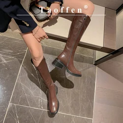 Taoffen Cow Leather Riding Boots Knee High Square Toe Block Heels Fashion Long Boots Ladies Flat Shoes Retro Women Knight Boots