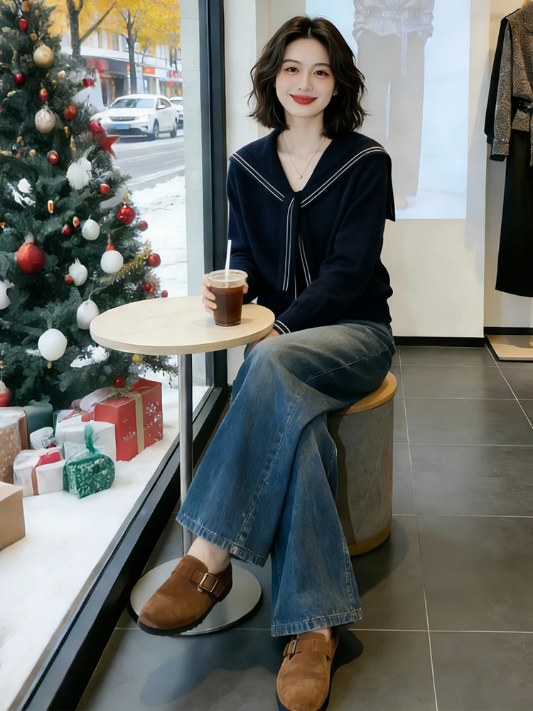 

Sli Navy Collar Knitted Sweater Women's Spring 2026 New Korean Sle Versatile Anti-Aging Belted Base irt