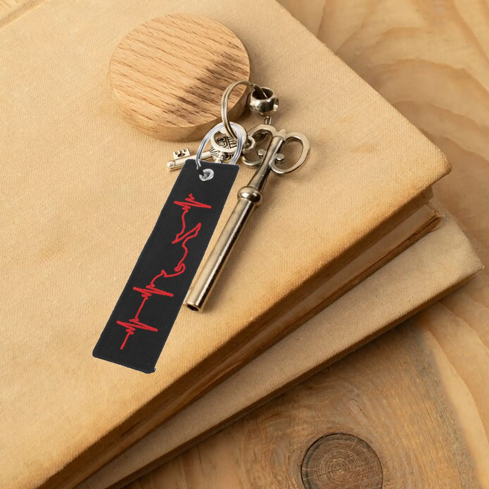 Red Heartbeat Electrocardiogram Racing Embroidery Keychain Black Background Motorcycle Car Key Holder Creative Cool Accessory