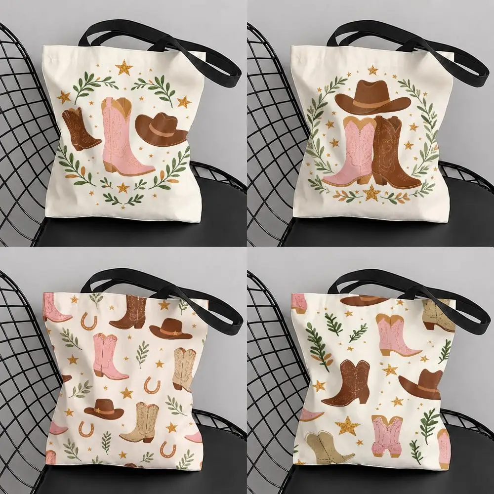 Western Cowboy Boots Storage Bags Large Capacity Canvas Tote Bag Reusable Shoulder Handbag for Daily Shopping Travel