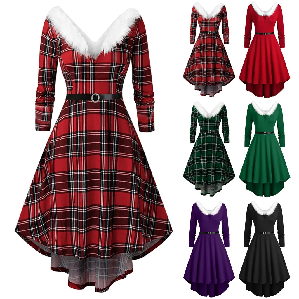 

Elegant Red Plaid Dresses Winter Women Faux Fur Collar Robe Christmas Outfits Sexy V-Neck Vintage Party Dress Plus Size S- 5XL