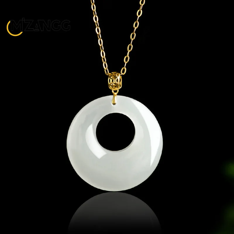 

Natural Hetian White Jade Peace Buckle Pendant 18K Gold Inlaid Jade Simple Fashion Necklace Men and Women Lucky Amulet Gifts