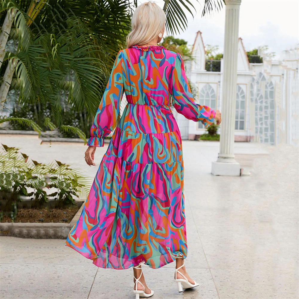Fashionable V-neck Chiffon Floral Long-sleeved Dress For Women,Muslim Loose And Casual Chiffon Long Dress For Women