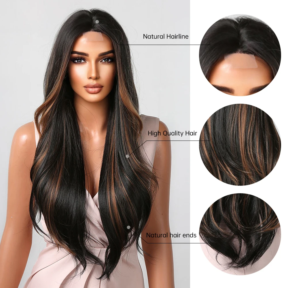 Long Wavy Synthetic Lace Wigs Black Brown Golden Highlight Cosplay Wig for Women Natural Hairline Part Heat Resistant Lace Hair