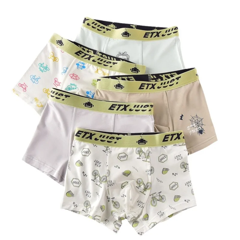 5Pcs Boys Cotton Underwear Soft Breathable Boxer Shorts for Teens & Big Kids Print Elastic Waist Underpants Age 8-16 Years