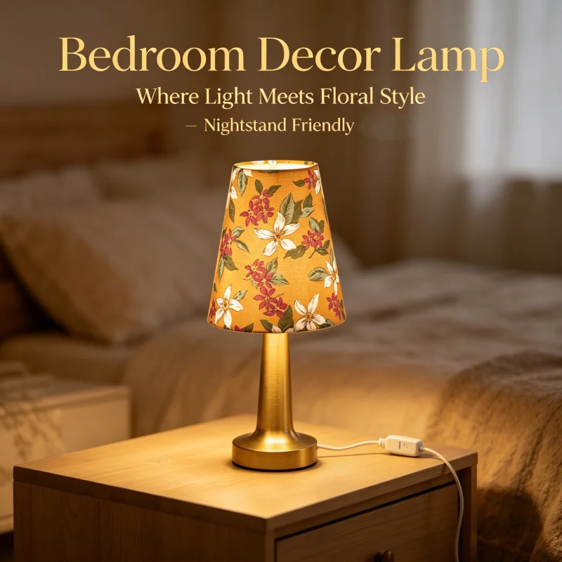 Vintage Floral Fabric Shade Table Lamp USB Powered Gold Base Bedside Lamp Compact Decor Night Light for Multiple Indoor Spaces