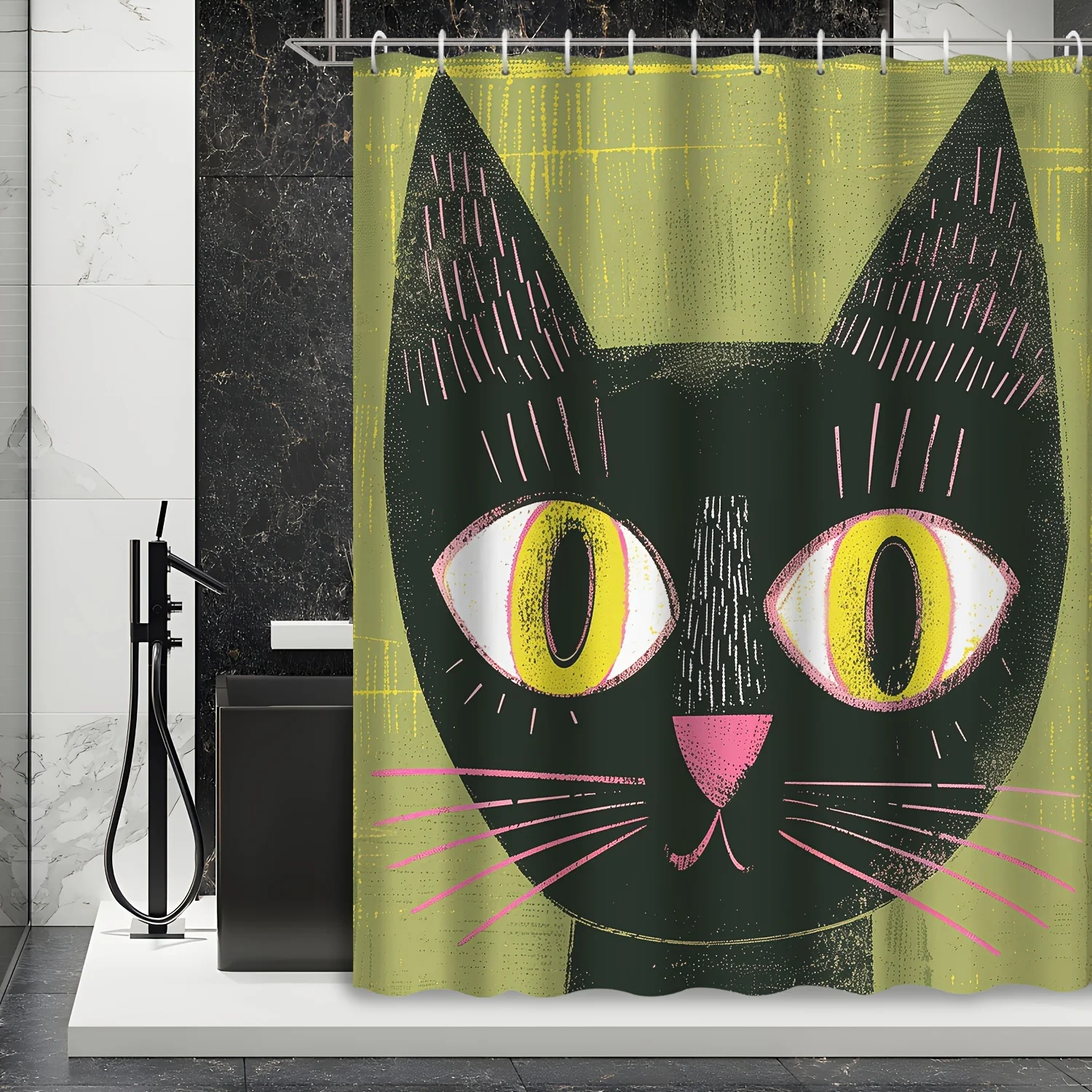 Funny Cat Face Shower Curtain - Mid Century Modern Animal Print, Green & Pink Abstract, Waterproof Bathroom Decor, Novelty Bath