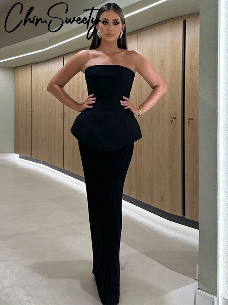 Elegante halter topo define feminino sólido sem mangas colheita superior cintura alta dividir senhora saia longa 2025 primavera verão festa à noite outfit