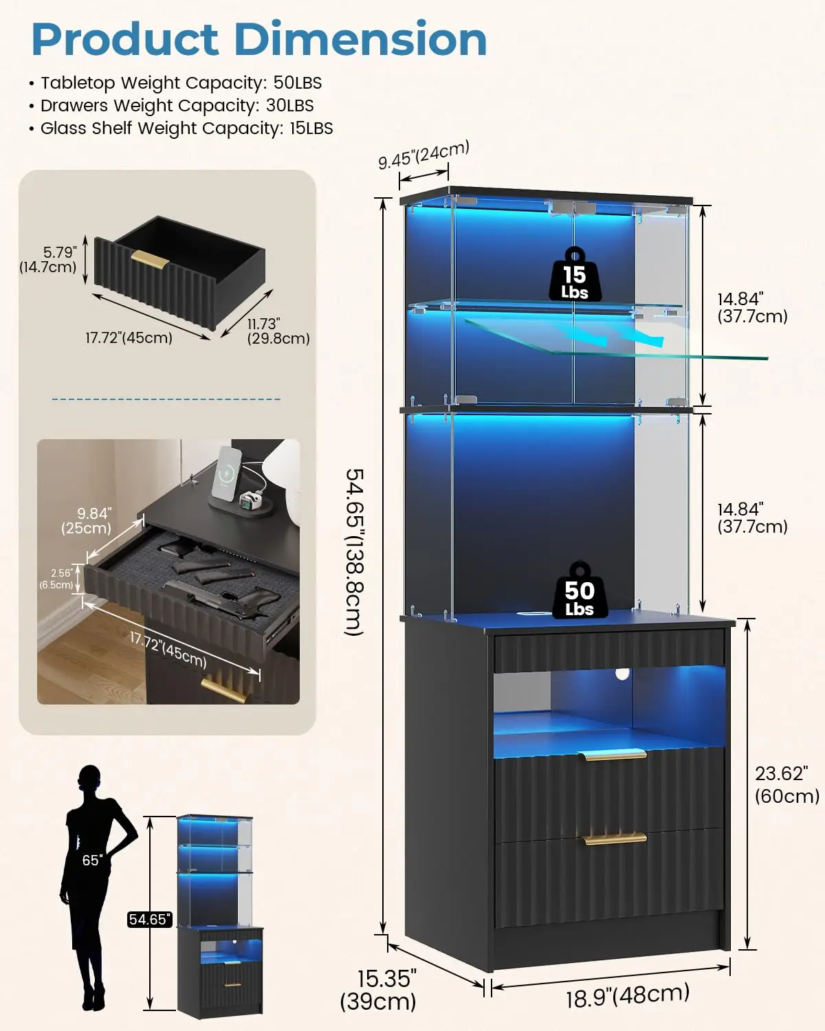 Tall Nightstand with Gun Drawer, LED Glass Storage & Charging Station | Tempered Glass Display Case, Motion Sensor, Customized