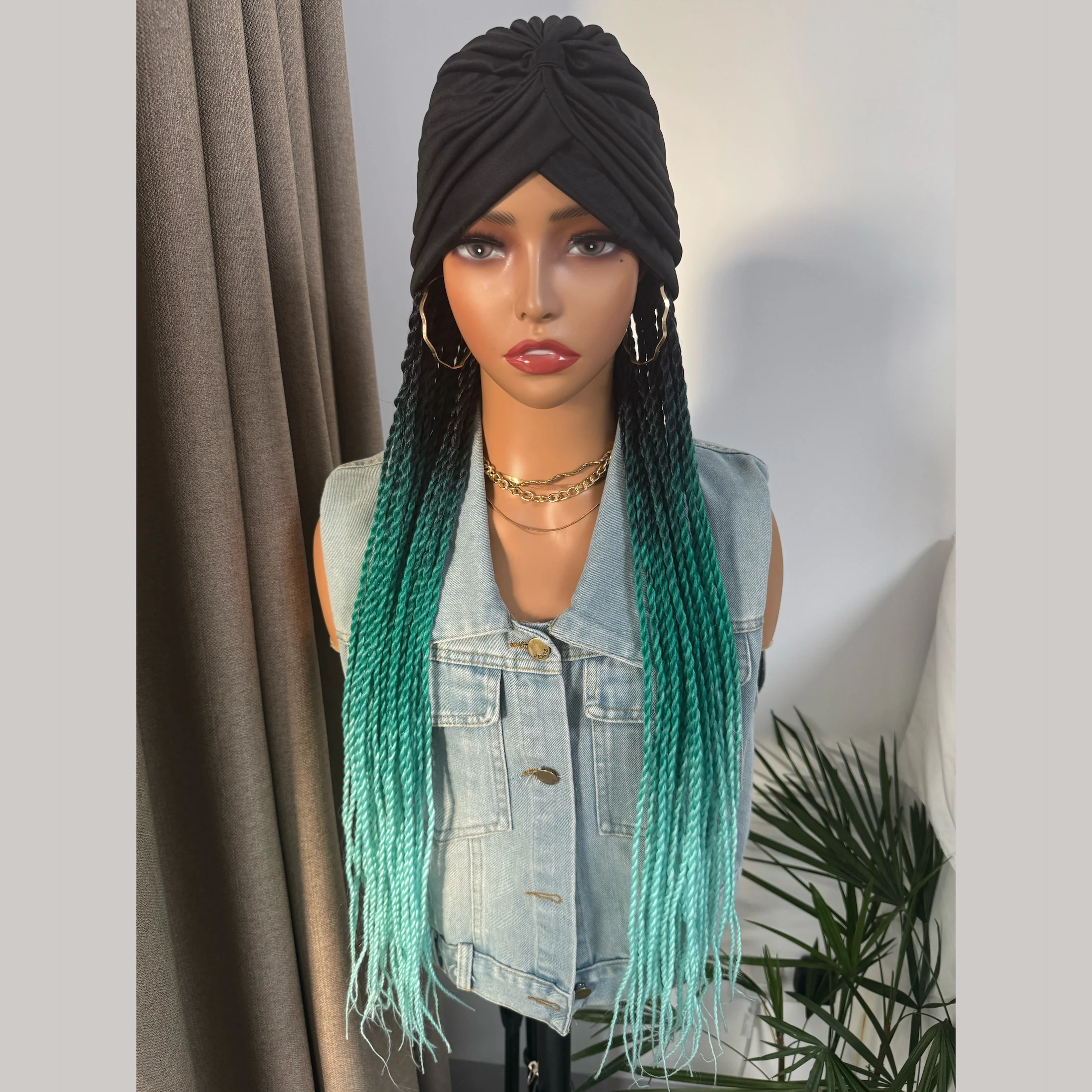 

Turban Braiding Hair Long Ombre Fantasy Senegalese Twist 24Inch Braided Synthetic Wig With Headband Extensions For Women