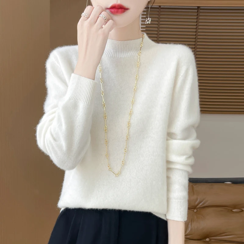 

Classic women's wool knitted pullover sweater with half high collar and long sleeves solid color sweater high-quality warm top