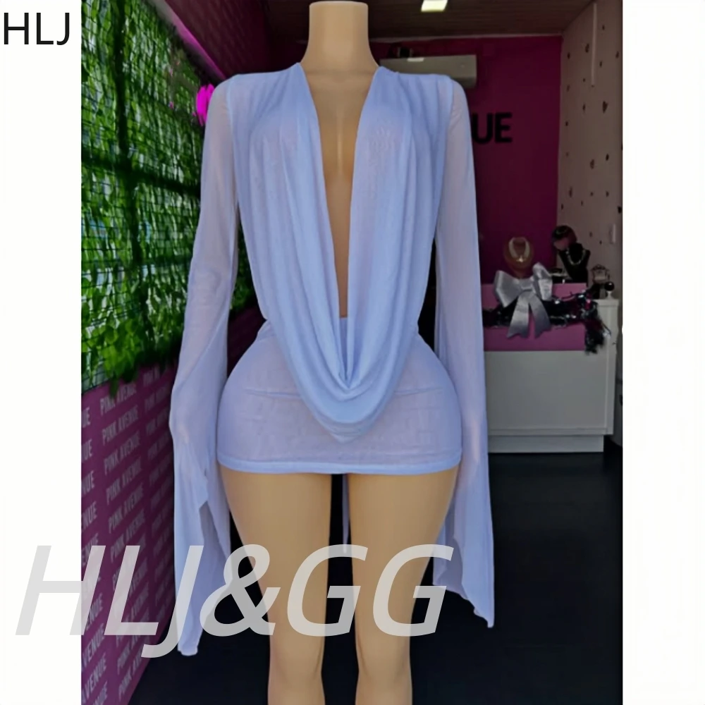 HLJ Fashion Mesh See Though Irregular Hollow Dresses Women Long Sleeve Backless Vestidos Sexy Female Ruched Dress Streetwear