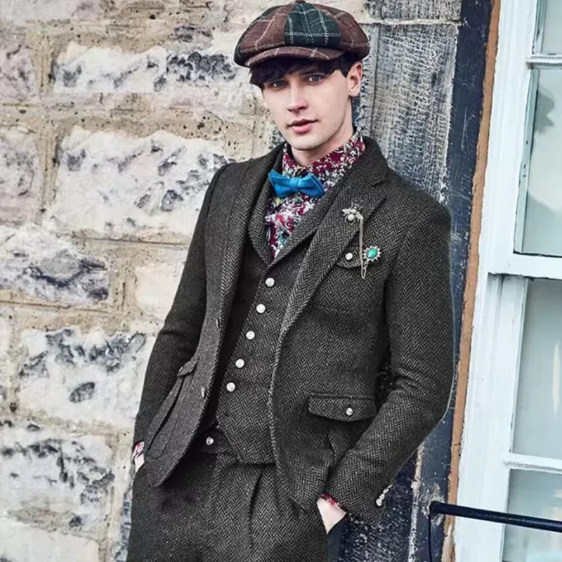 

Men's business 3-piece set of dark gray wool classic herringbone groom's tweed tailcoat (sports jacket+pants+vest)