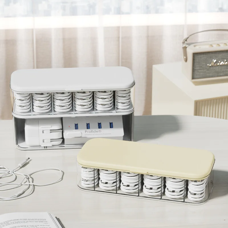 Home Office Desktop Cable Organizer Box Divided Compartment Charger Power Cord Storage Holder