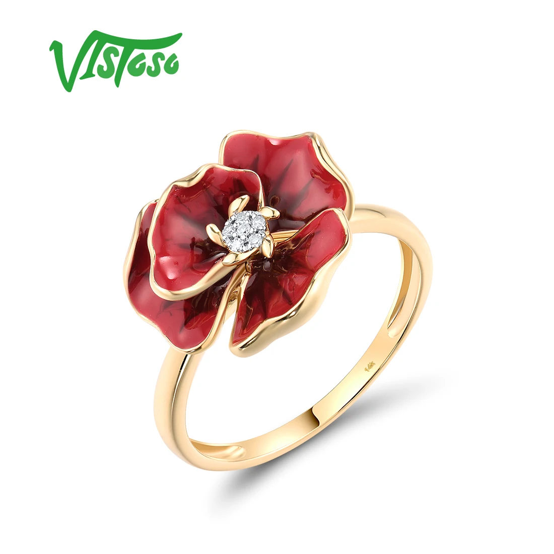 VISTOSO Real 14K 585 Yellow Gold Rings For Women Sparkling Diamond Red Enamel Flower Chic Wedding Anniversary Fine Jewelry