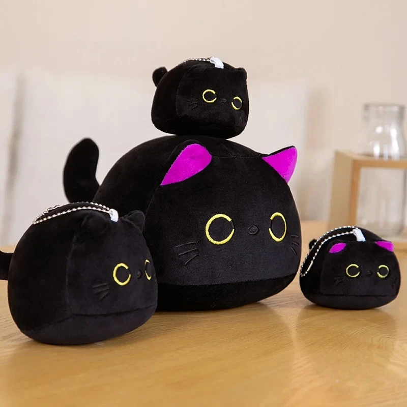 Classic Cute Black Cat Plush Doll Cartoon Little Cuddly Ins Black Cat Pendant Keychain Stuffed Round Ball Cat Bag Decor Kid Gift