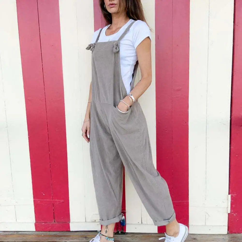 

Womens Sleeveless Dungarees Rompers Jumpsuit Solid Color Loose Preppy Style Pants Casual Pocket Overalls Playsuits Streetwear