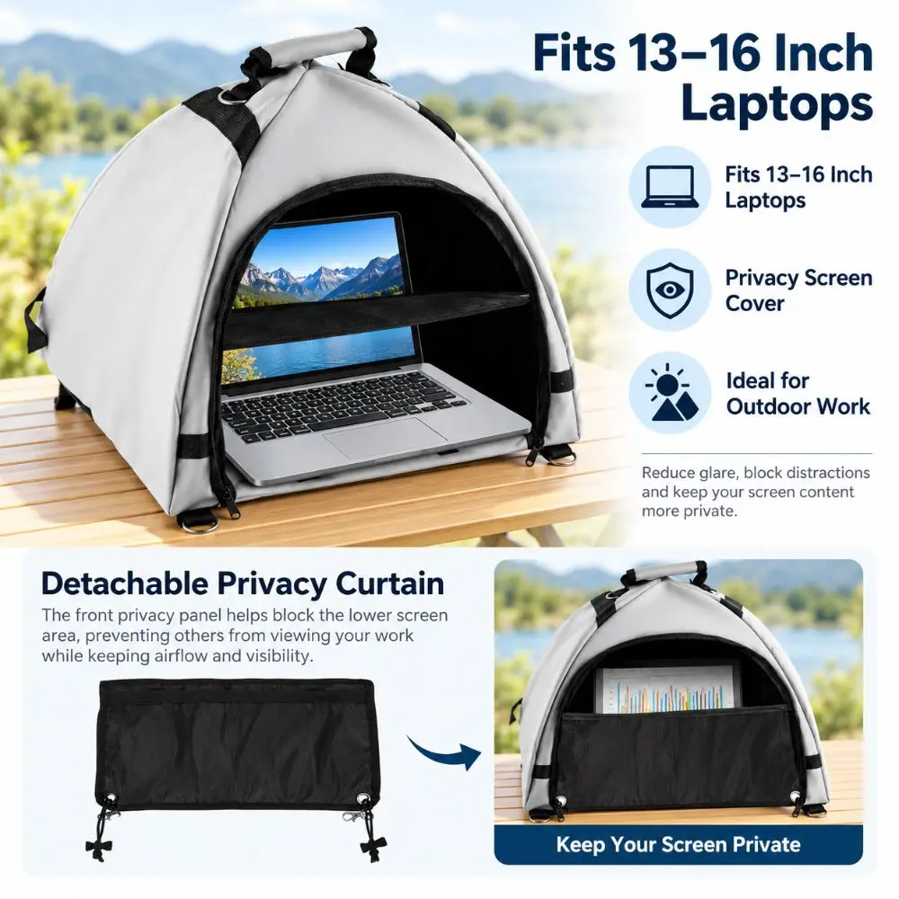 Anti-Glare Laptop Sun Shade Foldable Anti-Slip Screen Hood Privacy Shield Power Cable Access Portable Laptop Shelter Beach Work