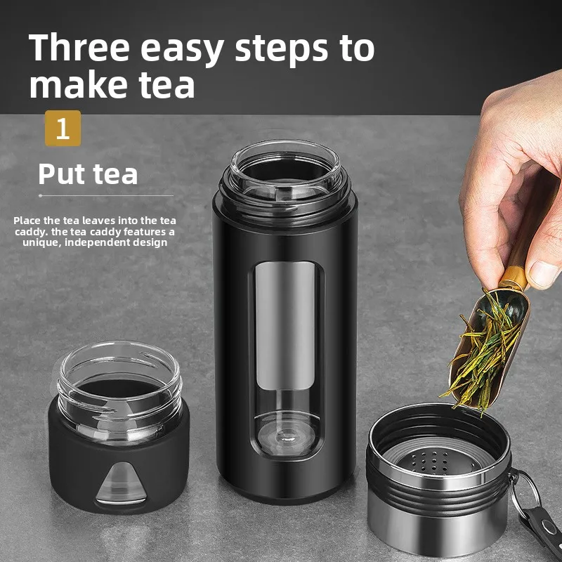 Double Wall Insulated Glass Tea Cup Tea Water Separation Design Men Personal Drinking Mug For Office Daily Use