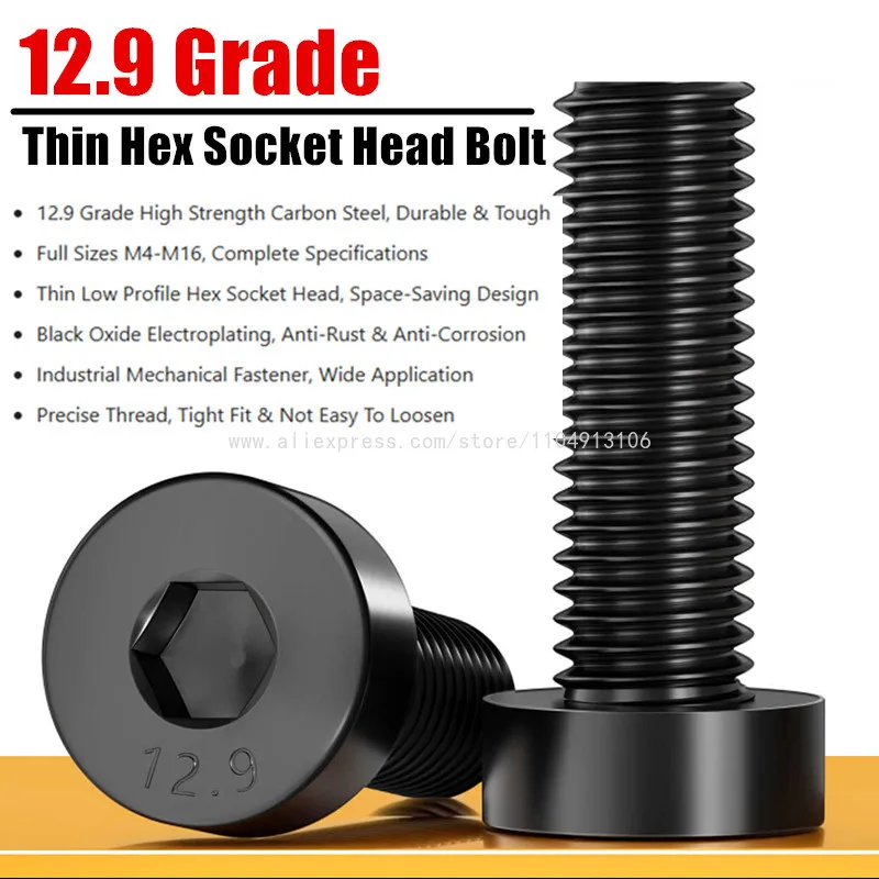 12.9 Grade Black Hex Socket Thin Head Allen Screw M4 M6 M8 M16 Hexagon Socket Cap Bolt Industrial Mechanical Fastener Hardware