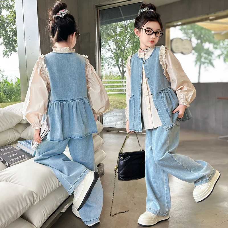 teenage girls denim clothes suit Cowboy vest+Lotus leaf collar shirt+Wide leg jeans 3pcs junior kids suit children outfits 12 14