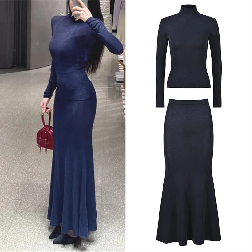 

High-End Edition EU SleSE HouseholdBlue High Collar Camere Woven Base Top Match f Skirt FitailSle Two-Piece Set