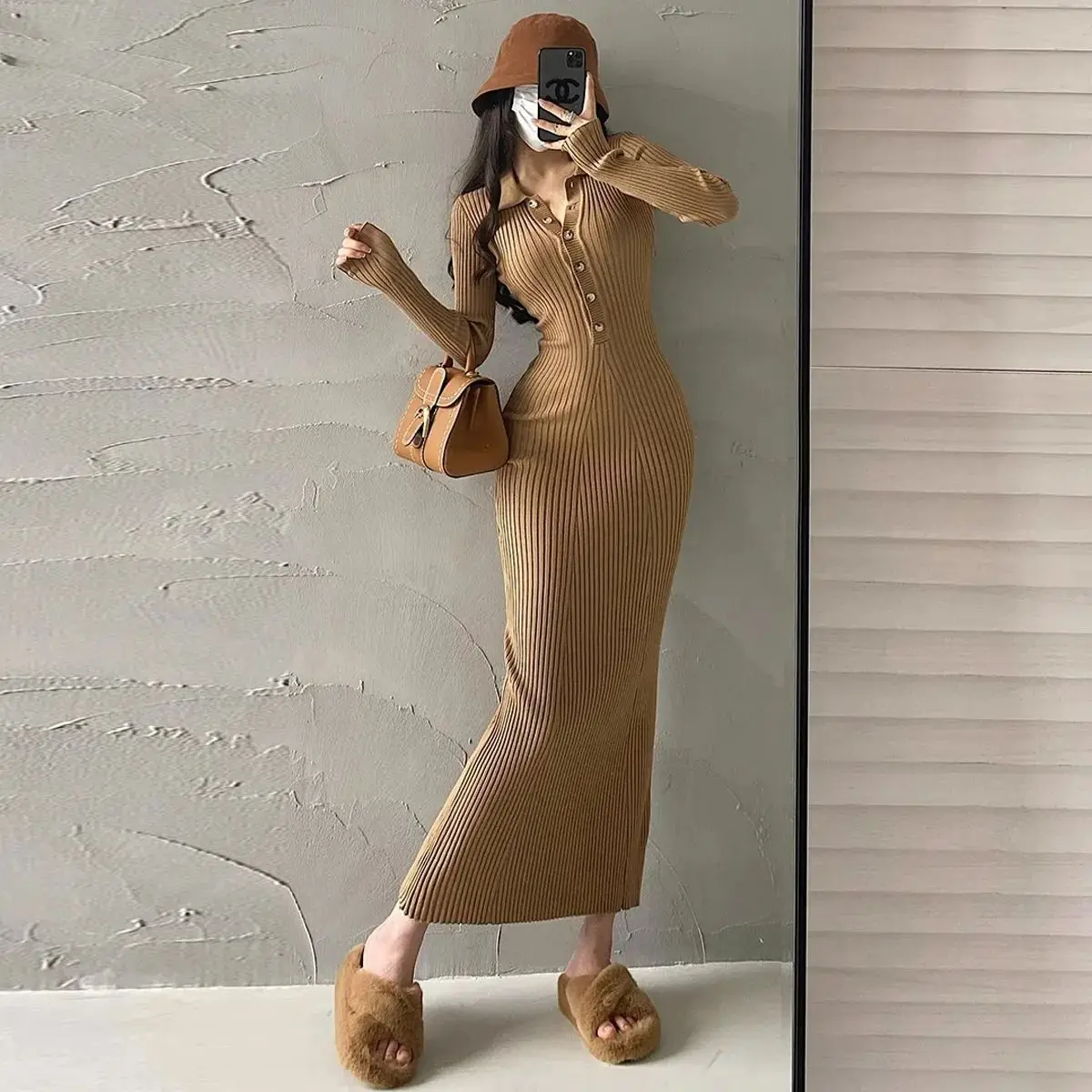 YoungGirlDay Pure Desire Style Sexy Slimming Slimming Flip Collar Long Sleeve Knitted Butt Wrapping Fish Tail Dress Long Skirt