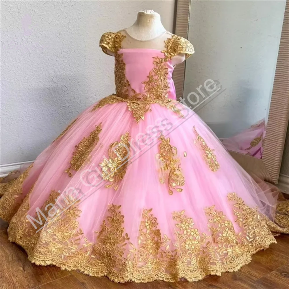 Kids Gold Applique Evening Gown Fluffy Short Sleeve Flower Girl Dresses For Wedding Beauty Pageant Formal Occasions Birthday