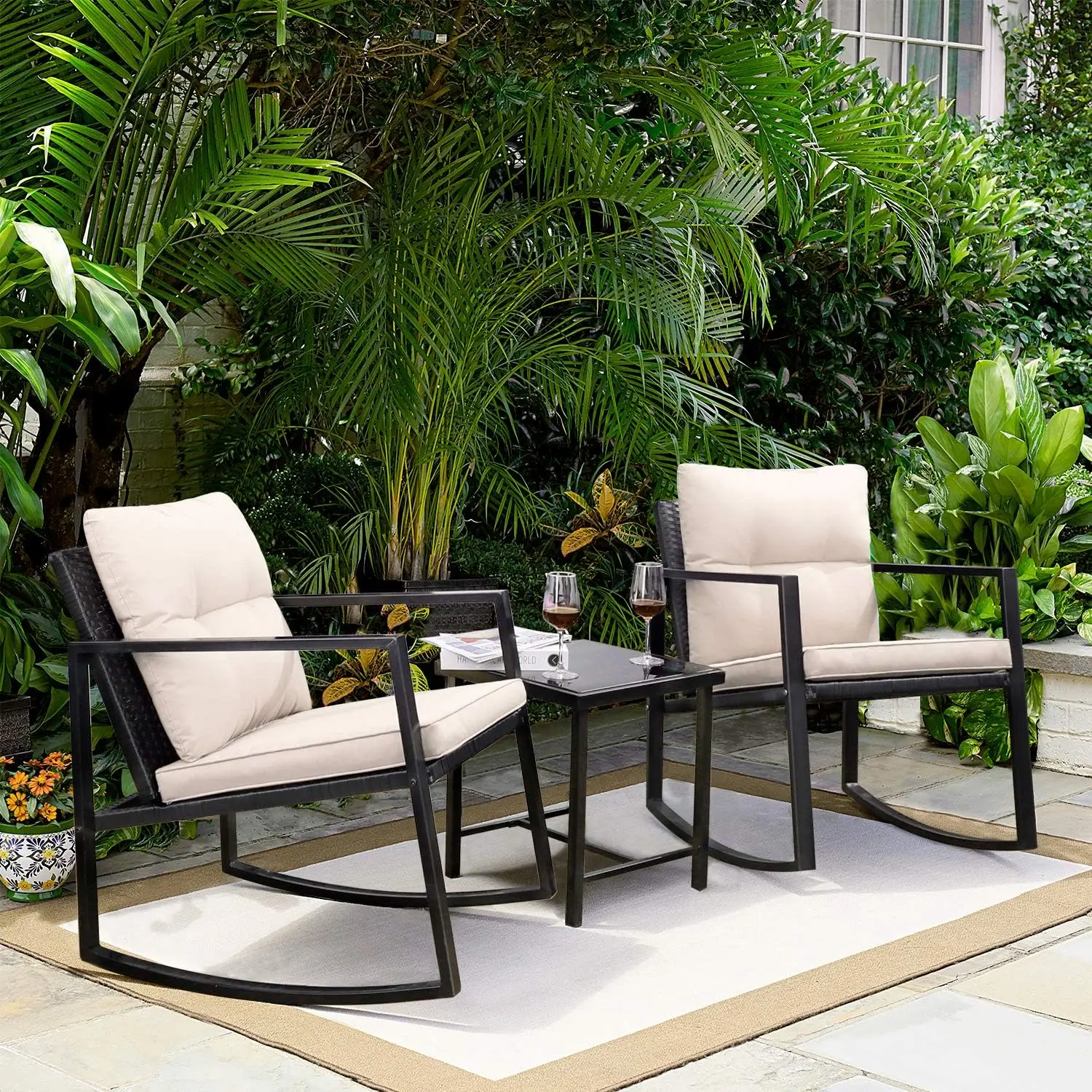 3 Pieces Rocking Wicker Bistro Set, Patio Outdoor Furniture Conversation Sets with Porch Chairs and Glass Coffee Table