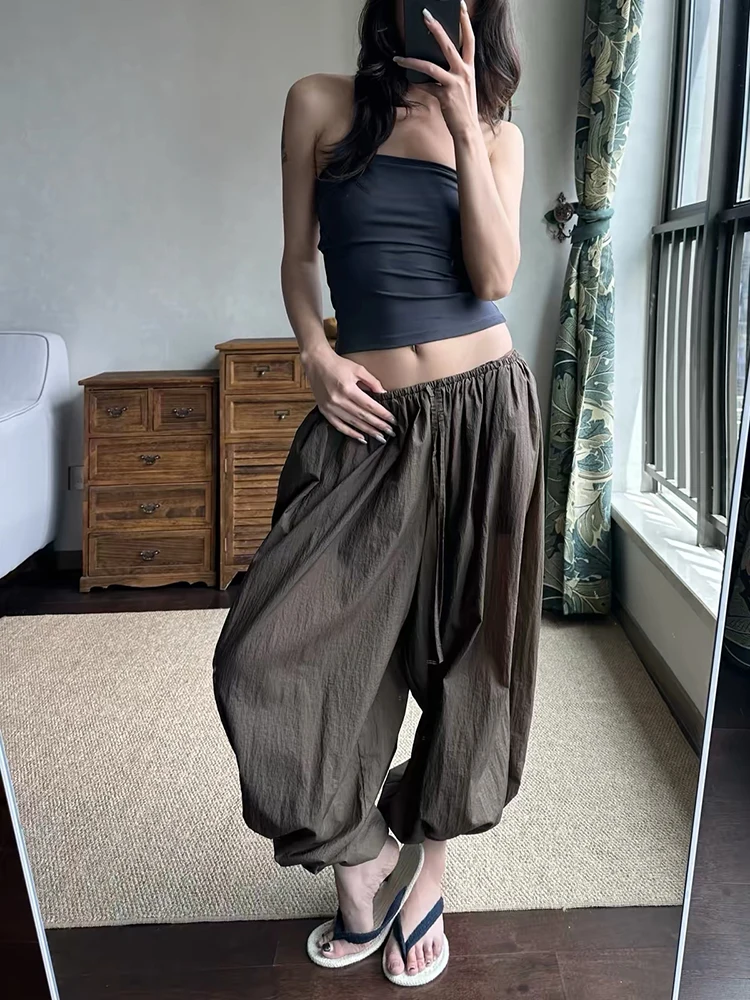 High-waisted drawstring culottes for women, loose ankle-length harem pants, lightweight and draping casual pants