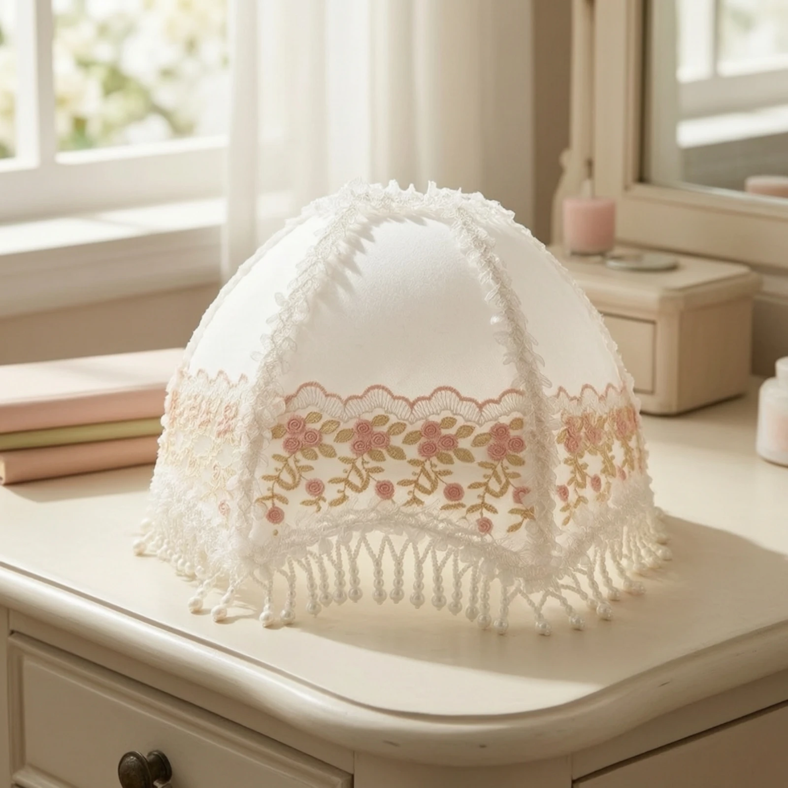 Floral Lace Lampshade Artisanal Lampshade with Beaded Tassels Lamp Accessory Translucent Decorative for Bedside Table