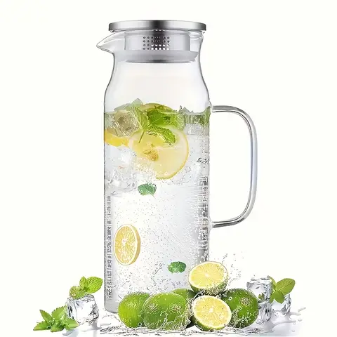 1pc  1L/1.5L Borosilicate Glass Straight Water Pitcher with Stainless Steel Lid, Household Juice Jug, Suitable for Coffee, Juice