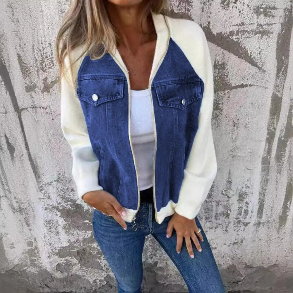 Women Loose Coat Colorblock Zipper Closure Women's Hooded Jacket with Fake Chest Pocket Stylish Fall Spring Outerwear for Daily