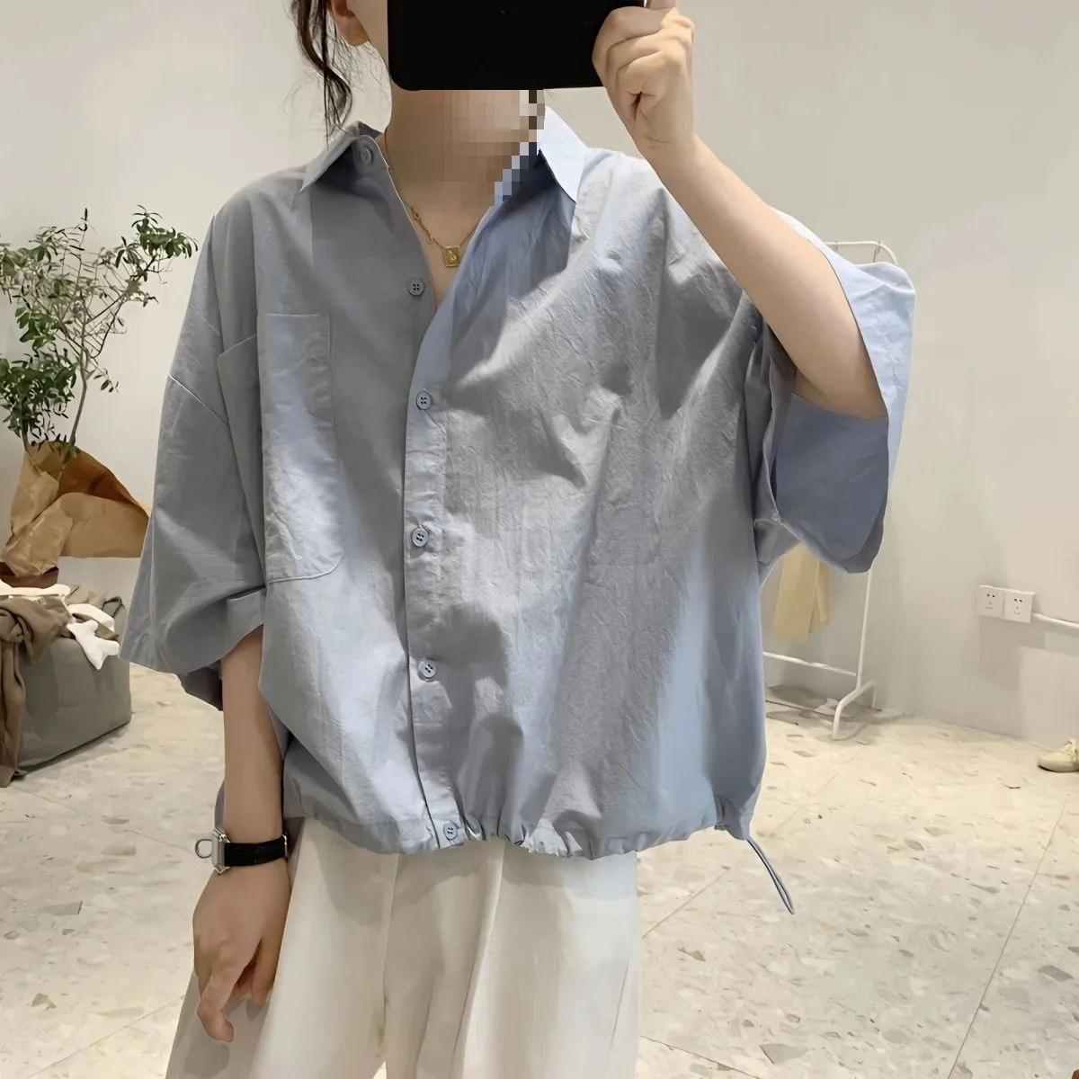 Loose Cotton Shirt Women's Summer New Style Batwing Sleeve Slimming Half Sleeve Polo Neck Line Casual Fashion Big Pocket Top