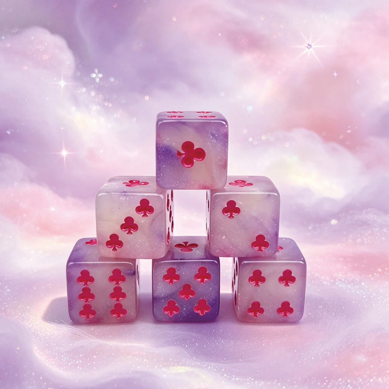 Lucky Clover 6Pcs Red Club Pips Purple D6 Dice Marbled Dice for D&D, Mtg & Yahtzee