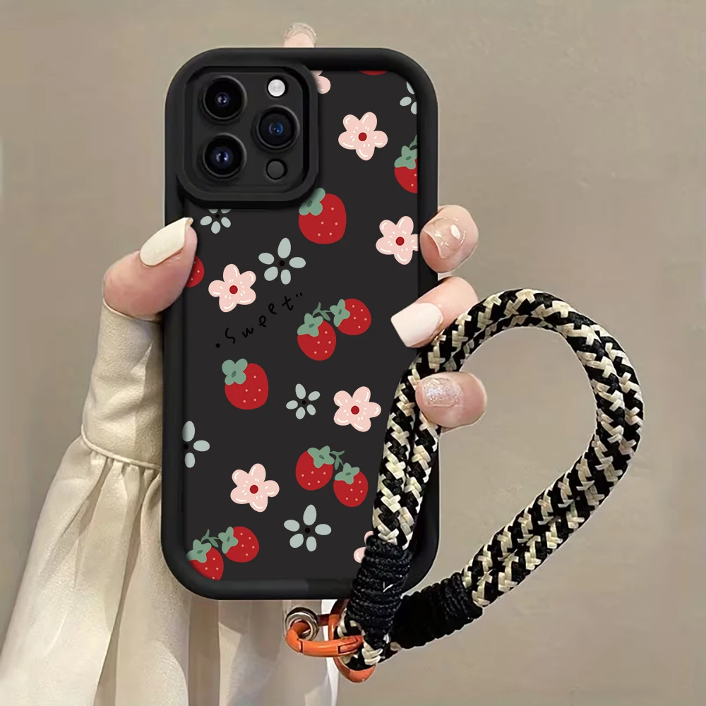 Erdbeer-Blumenmuster Handyhülle mit Trageriemen für iPhone 12 13 14 15 16 17 Pro Max 15 14 13 Plus 17E Stoßfeste Matte Silikonhülle – Detail 3
